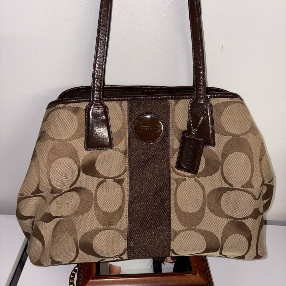 Coach Tan and Brown Signature Shoulder Bag